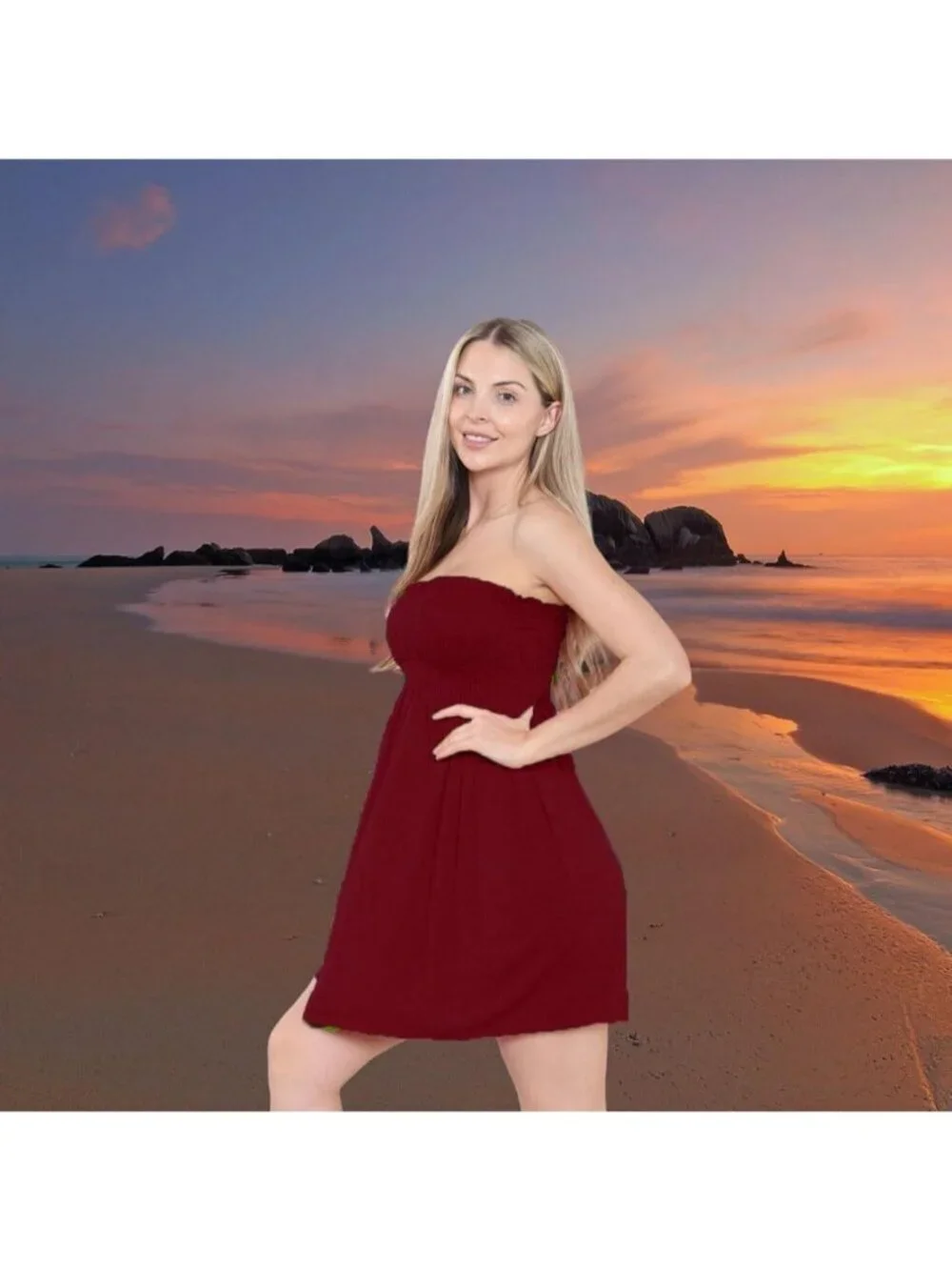 Women's Wine Sun Strapless Tube Short Beach Summer Dresses Casual Mini Dress